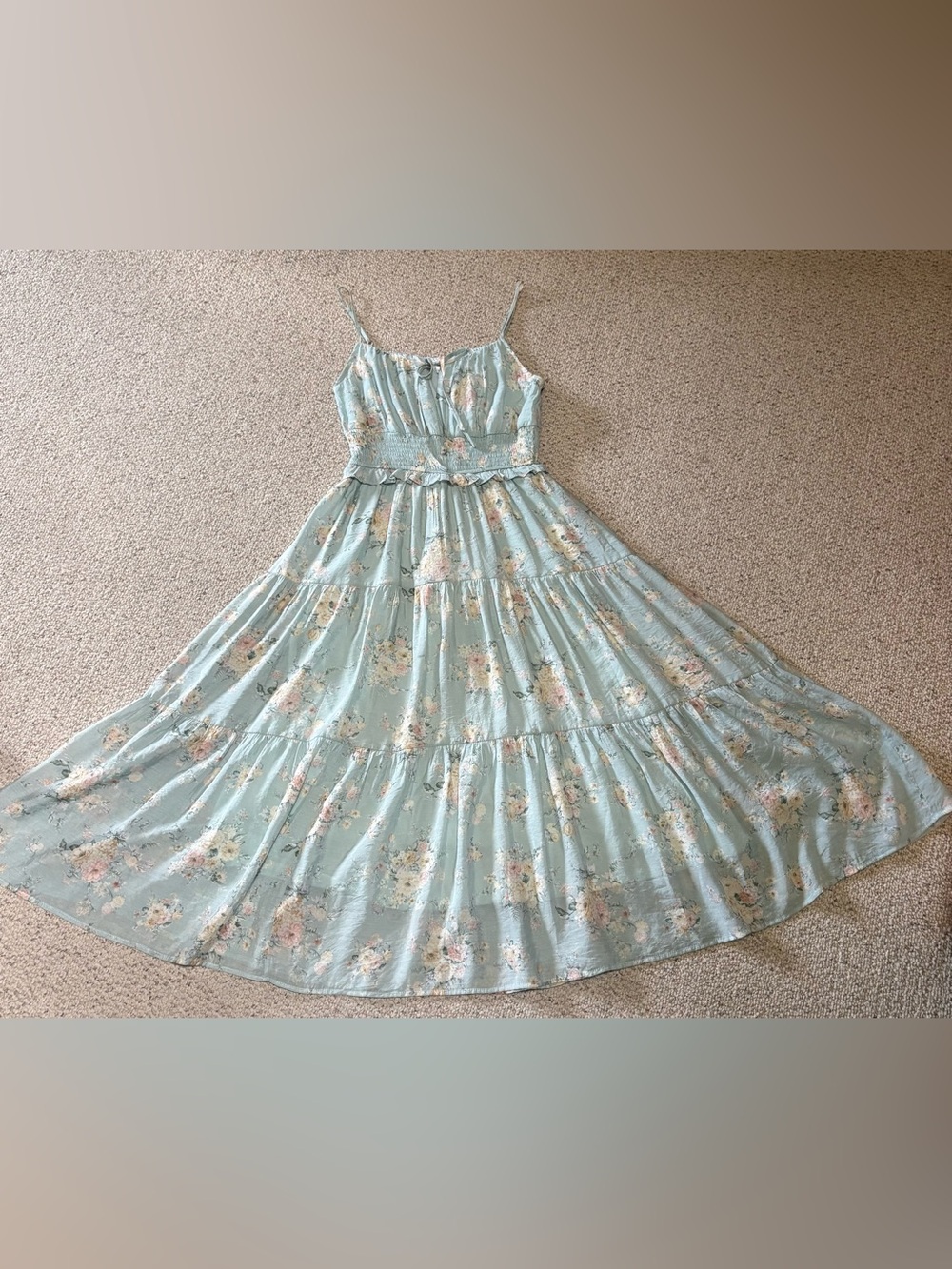 By the River Floral Smocked Tiered Midi Sundress w Vintage Cream & Pink Floral - Picture 9 of 16